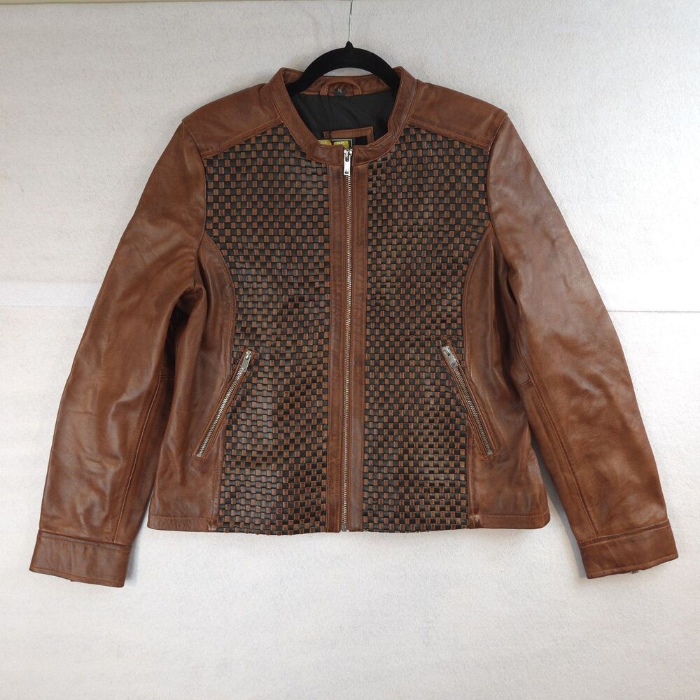 Real Leather Womens Maude Leather Jacket XL Cognac Black Brown Checkered Biker